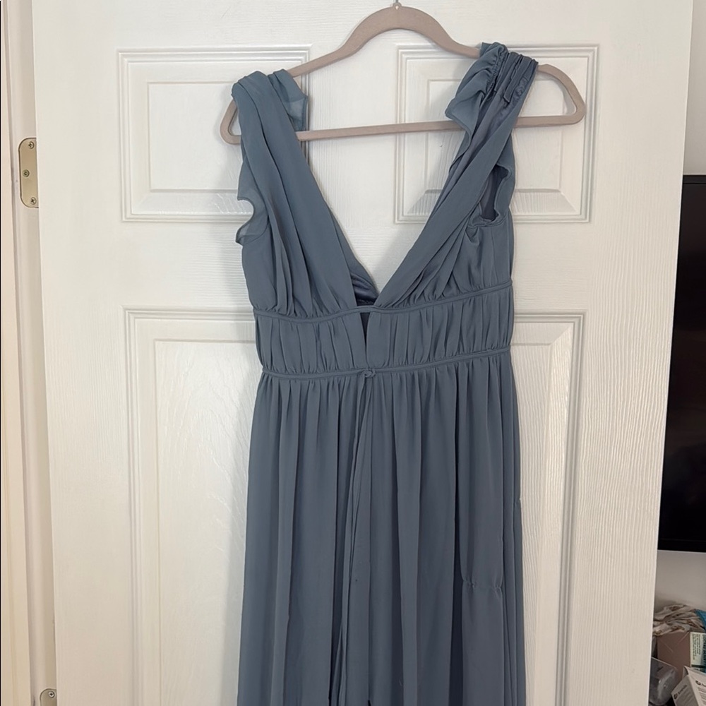 Lulu’s “I’m all yours” slate blue ruffled maxi dress